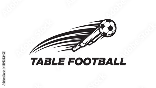 Dynamic illustration of a table football game with a soccer ball being hit by a foosball rod, showcasing motion and energy.