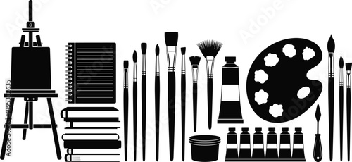 Black Silhouette of Art Supplies Including Easel Notebook Books Paint Brushes Palette and Tubes Keywords: art, supplies, artist