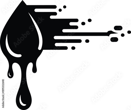 A black paint drop splashing and dripping downwards with motion blur and splatters on a clean surface from a close-up viewpoint