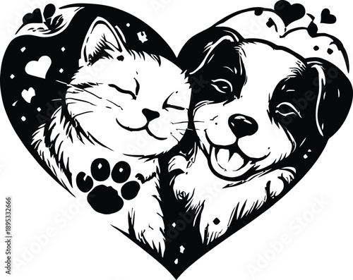 A heartwarming illustration of a cat and dog together in a heart, symbolizing friendship and love between animals, from a close-up and intimate viewpoint.