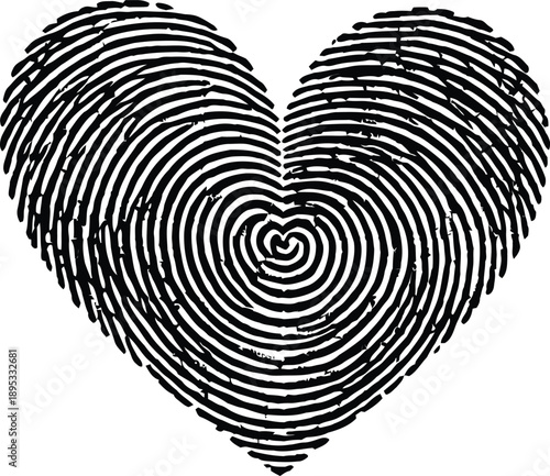 A fingerprint in the shape of a heart symbolizing love and identity from a close-up viewpoint