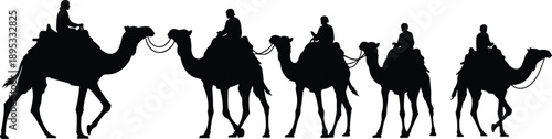 Silhouette of five people riding camels in a line on a white background Keywords: silhouette, camel, camels, riding, procession