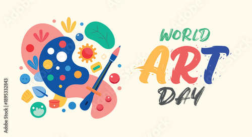 World art day celebration with vibrant palette, paintbrush, and artistic elements illustration