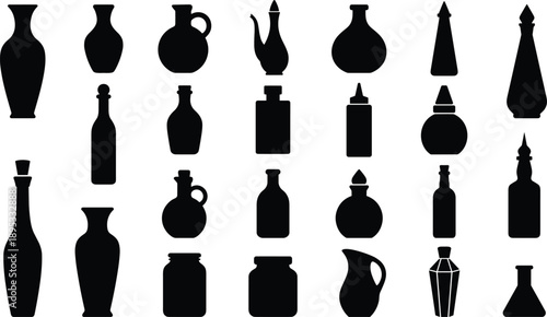 Diverse Collection of Black Silhouettes of Bottles, Jars, and Pitchers on White vase