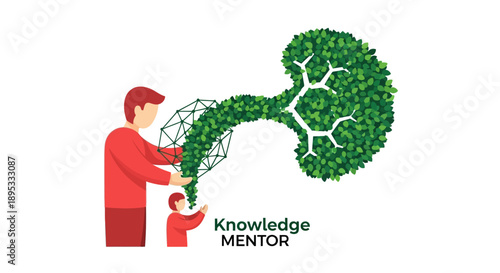 Mentorship and Knowledge Transfer Vector Illustration. Mentor sharing information for intellectual growth, visualized as a tree brain structure.