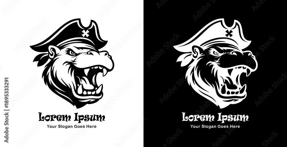 Fototapeta premium Logo design in the shape of a hippopotamus head wearing a pirate hat