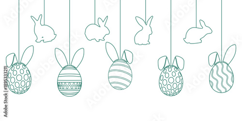 Easter bunnies and bunny-eared Easter eggs are hanging attractively with line art style