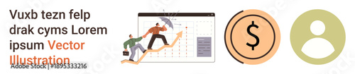 Business planning, teamwork, financial growth, user management, project scheduling, collaboration. People climbing a graph, dollar icon and user symbol. Business planning and financial growth