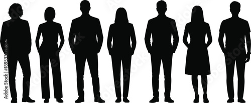 Diverse group of people silhouettes standing in a row on white background vector illustration