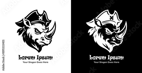 Logo design in the form of a rhinoceros head wearing a pirate hat