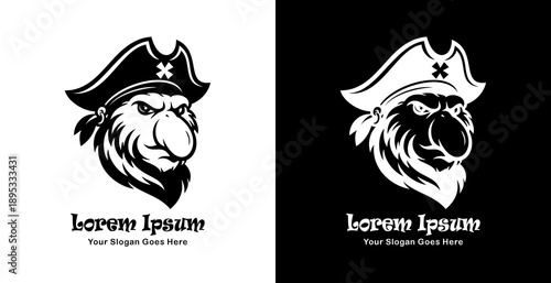 Logo design in the shape of a proboscis monkey's head wearing a pirate hat