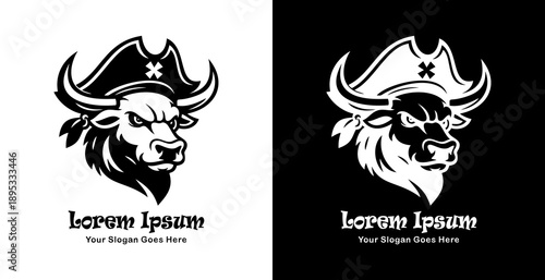 he logo design is in the form of a bull's head wearing a pirate hat