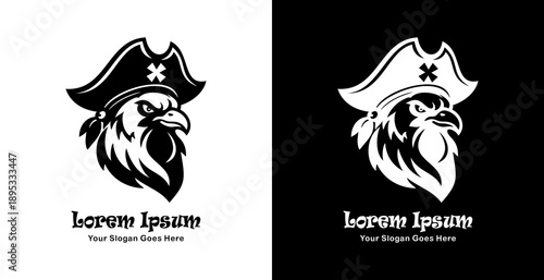 Logo design in the form of a chicken head wearing a pirate hat