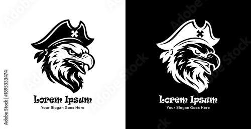 Logo design in the form of an eagle head wearing a pirate hat