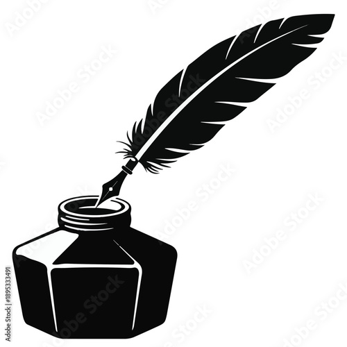 Black silhouette of a quill pen in an inkwell writing