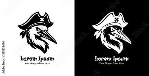 Logo design in the shape of a stork head wearing a pirate hat