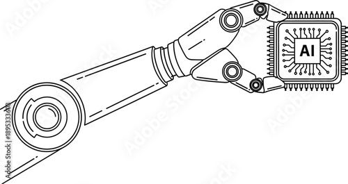 Robotic arm holding AI microchip processor line art vector illustration