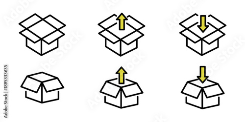 Simple line art shipping box icons set featuring open, closed, delivered, damaged, and handled packages for logistics and e-commerce. Simple linear icons depicting damaged and open cardboard boxes.