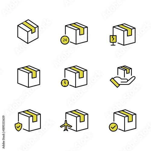 Simple line art shipping box icons set featuring open, closed, delivered, damaged, and handled packages for logistics and e-commerce. Simple linear icons depicting damaged and open cardboard boxes.