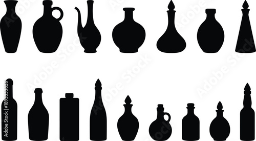 Fourteen black silhouette illustrations of various bottles and vases on a white background Keywords: bottle, vase, container