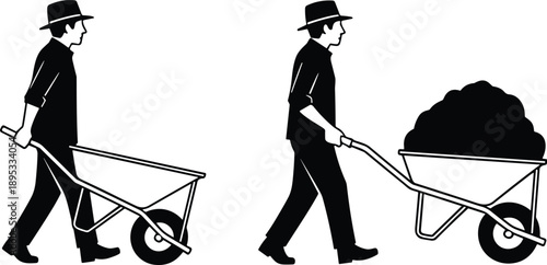 Silhouettes of men with wheelbarrows one empty one full of dirt on white background gardening