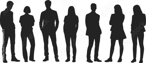 Group Of Seven Diverse Silhouettes Of People Standing