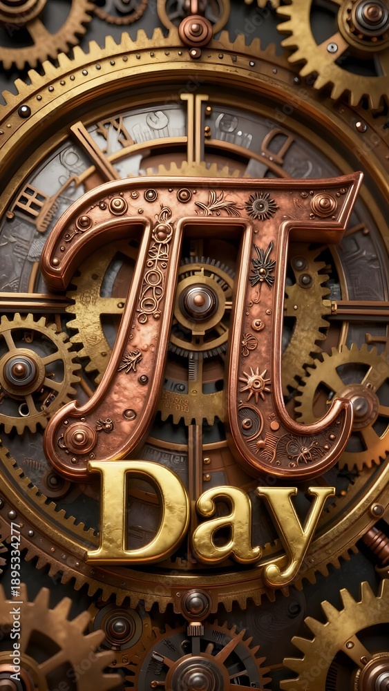 Obraz premium Pi Symbol with Golden 3D Text on Complex Clockwork and Gear Background
