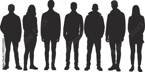 Group Of Seven Silhouettes Of People Standing In Casual Winter Clothing On White Background vector illustration