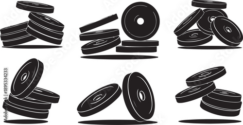 Black and white illustration of weight plates and bars