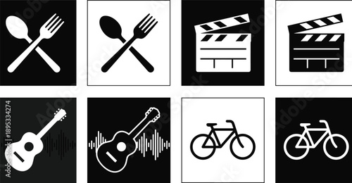 Icons representing food cinema music and transportation on black and white backgrounds symbol movie