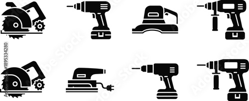 Set of Black and White Icons for Power Tools and Construction Equipment circular saw drill