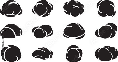 Black and white abstract shapes in rows on background