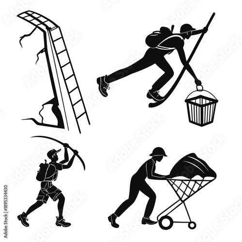 A black and white vector graphic illustration of people working in a mine