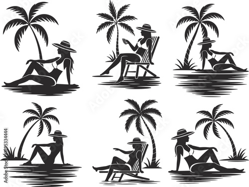 Beach relaxation silhouettes, palm trees, sunhat woman, tropical scene, black vector, summer vacation, lounging pose, nature illustration, serene design