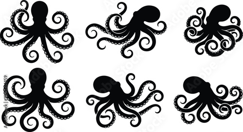 Set of Six Black Octopus Silhouettes with Curled Tentacles on White Background Keywords: octopus, squid, cephalopod, marine life