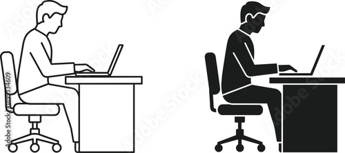 Man and woman working on laptops at desks in line art and silhouette styles Keywords: man, woman, person, people, sitting, desk