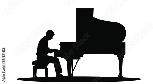 Silhouette of a pianist playing a grand piano in a stark setting