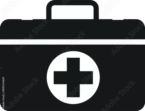 First Aid Kit Icon with White Cross on Black Circle Keywords: first aid kit, medical kit, emergency, health, healthcare