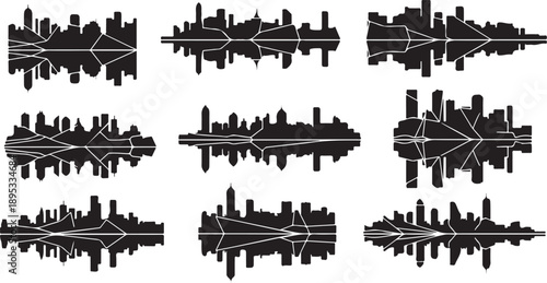 City Skyline Silhouettes with White Lines on White Background
