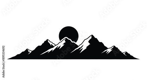Minimalist black and white illustration of mountains with a rising sun