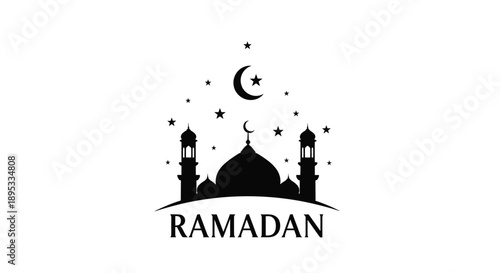 Ramadan crescent moon and mosque silhouette with scattered stars