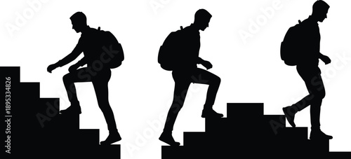 Silhouette of a man climbing stairs with a backpack and walking down stairs vector illustration