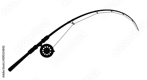 Simple black and white illustration of a fishing rod and reel