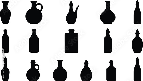 Silhouette Collection of Various Bottles and Jugs on White Background vase container