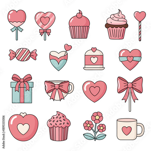 A collection of cute pink and blue Valentine's Day themed icons including hearts, cupcakes, candies, gifts, and flowers on a white background.