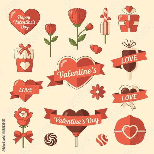 A collection of retro-style Valentine's Day themed icons and elements including hearts, flowers, gifts, and candies with 'Love' and 'Valentine's Day' text.