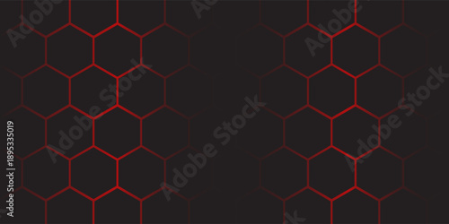 Abstract dark hexagon pattern on red neon background technology style. Modern futuristic geometric shape web banner design. You can use for cover template, poster, flyer, print ad. Vector illustration