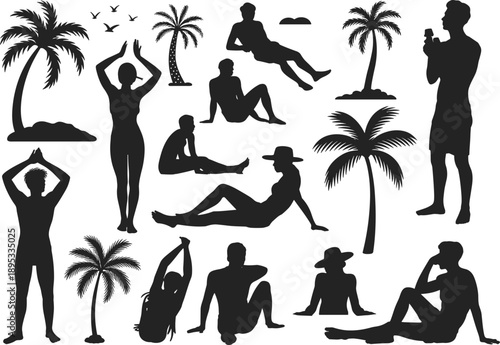 Beach silhouettes, palm trees, people relaxing, tropical scene, black vector, summer vacation, yoga pose, sunbathing, nature illustration, leisure activity