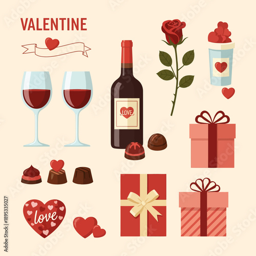 A charming collection of Valentine's Day elements featuring wine, roses, chocolates, and gift boxes, perfect for romantic celebrations and expressions of love.