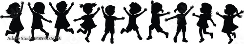 Children silhouette vector set, playful kids jumping, dancing poses, joyful childhood illustration, black and white active youth graphic design